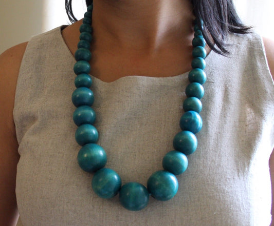 Long matte green round wooden necklace