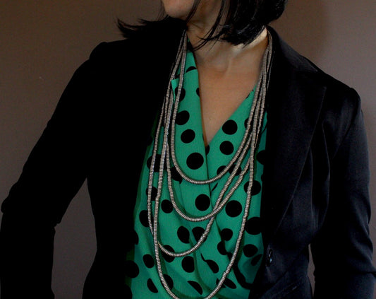 Long four-strand gray necklace