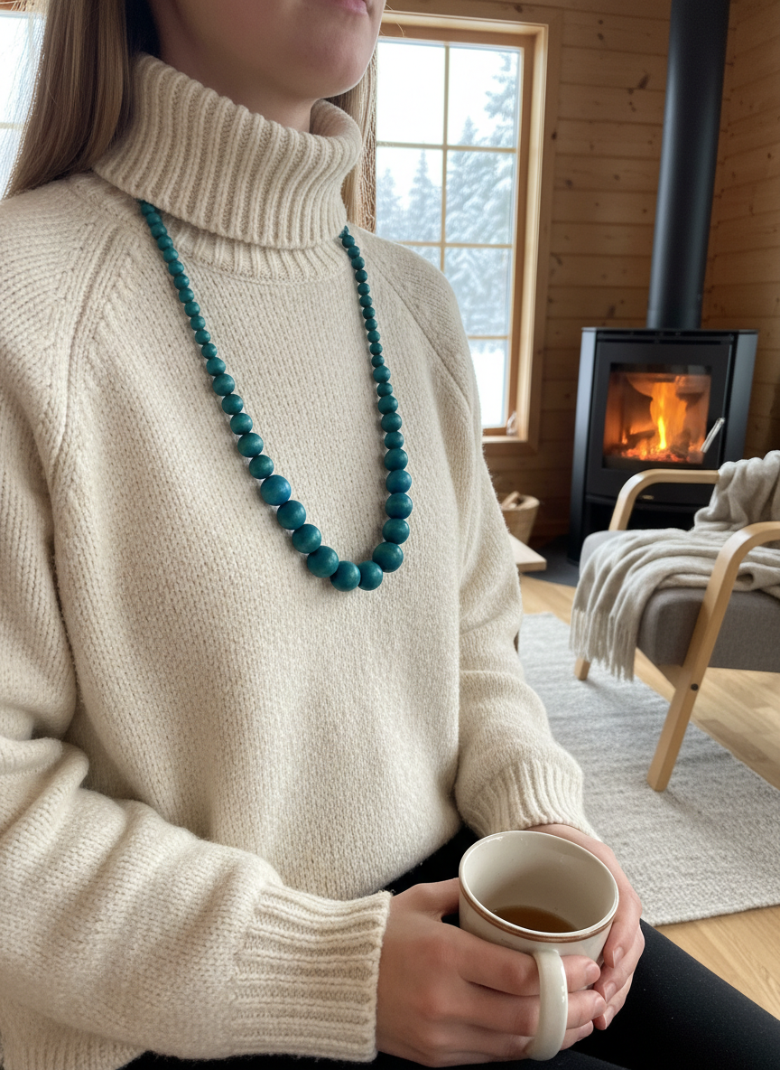 Long matte green round wooden necklace