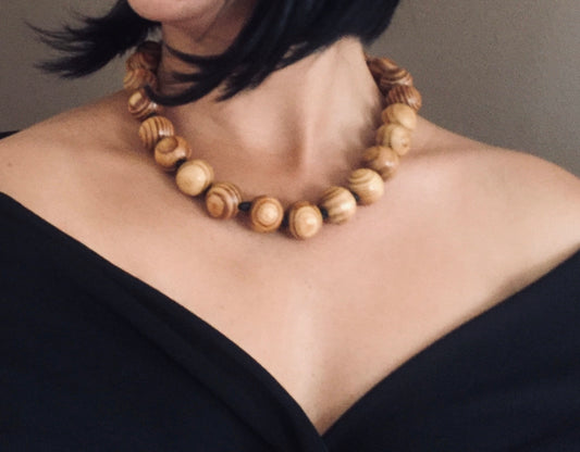 Round wood gold necklace -  14k gold filled